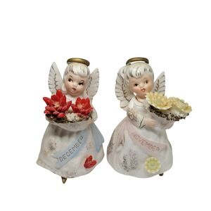 Vintage Lefton Birthday Angels November and December Porcelain Figurines Set 2